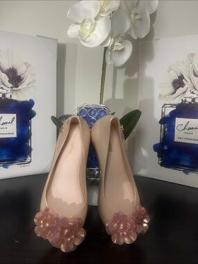 Melissa Nude Jelly Flats with Pink Floral Appliqués